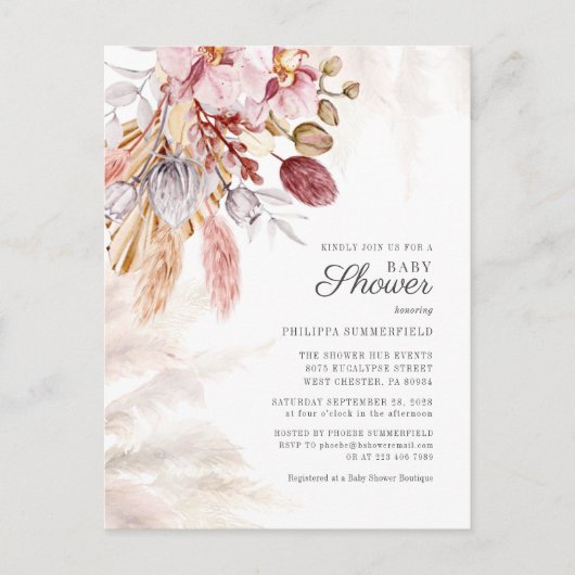 Pampas Grass Boho Dried Flowers Girl Baby shower Uitnodiging Briefkaart (Voorkant)