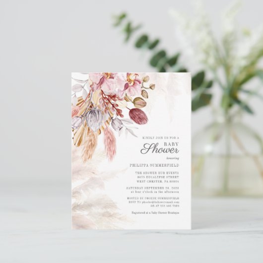 Pampas Grass Boho Dried Flowers Girl Baby shower Uitnodiging Briefkaart (Staand voorkant)