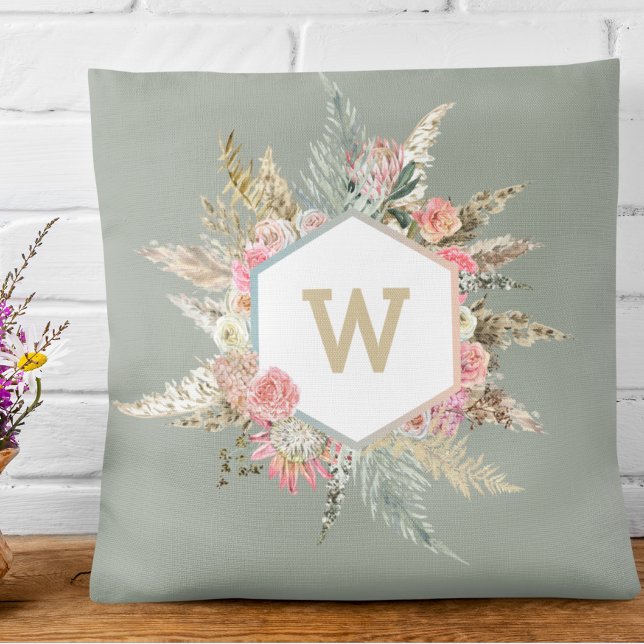 Pampas Grass Boho Floral Monogram Lijst Kussen (Creator heeft geüpload)