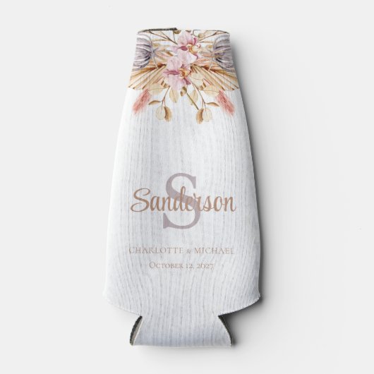 Pampas Grass Boho Floral Persoonlijke bruiloft Flesjeskoeler (Voorkant)