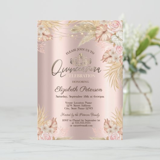 Pampas Grass Boho Flowers Quinceañera Kaart (Staand voorkant)