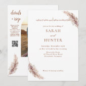 Pampas Grass Boho Foto QR Code Bruiloft Kaart (Voorkant / Achterkant)
