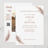 Pampas Grass Boho Foto QR Code Bruiloft Kaart (Voorkant / Achterkant)