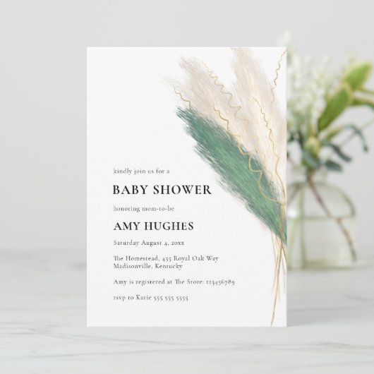 Pampas Grass Boho Groen Goud Baby shower Kaart (Staand voorkant)