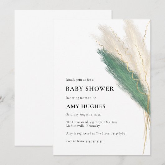 Pampas Grass Boho Groen Goud Baby shower Kaart (Voorkant / Achterkant)