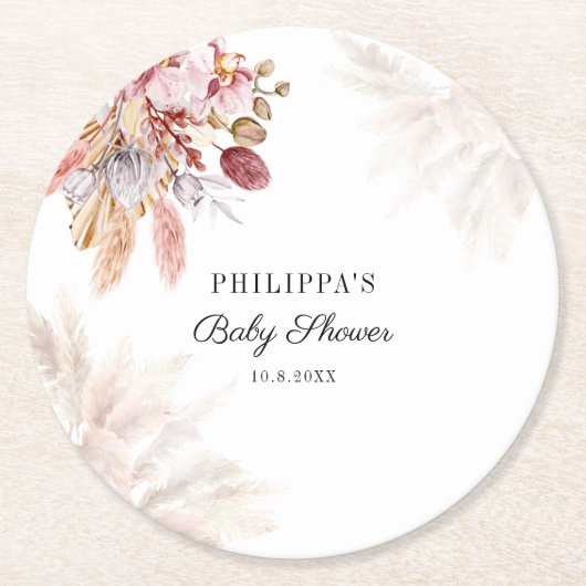 Pampas Grass Boho Meisje Baby shower Ronde Kartonnen Onderzetter (Voorkant)