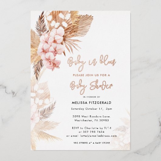Pampas Grass Boho Meisje Baby shower Roos Gold Folie Uitnodiging (Voorkant)