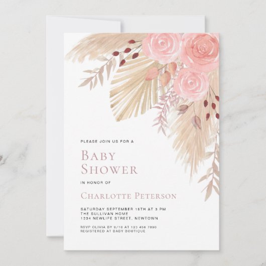 Pampas Grass Boho Meisjes Baby shower Kaart (Voorkant)