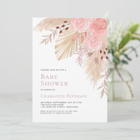 Pampas Grass Boho Meisjes Baby shower Kaart (Staand voorkant)