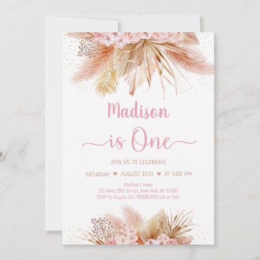 Pampas Grass Boho Pink Floral eerste verjaardag Kaart (Voorkant)