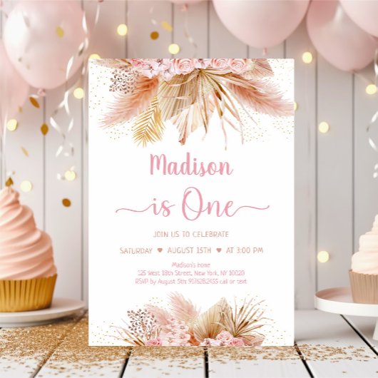 Pampas Grass Boho Pink Floral eerste verjaardag Kaart