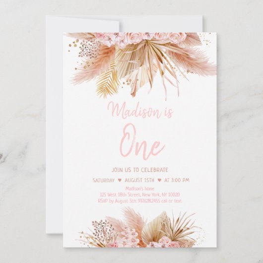 Pampas Grass Boho Pink Floral Girl Birthday Kaart (Voorkant)