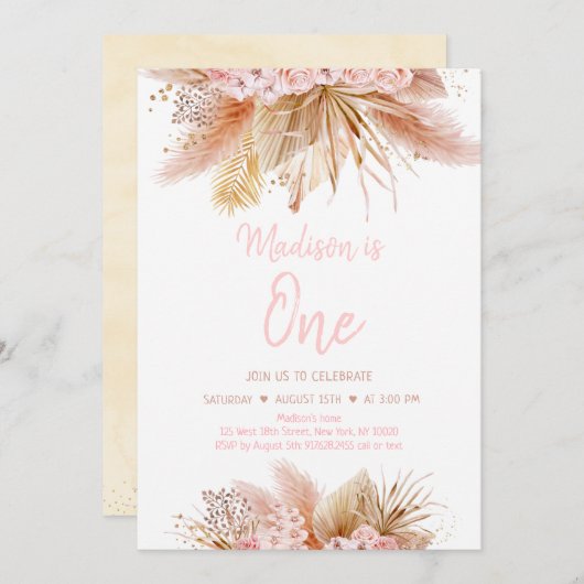 Pampas Grass Boho Pink Floral Girl Birthday Kaart (Voorkant / Achterkant)