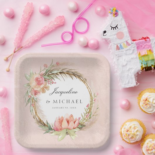 Pampas Grass Boho Pink Rose Floral Wreate Bridal Papieren Bordje (Feest)