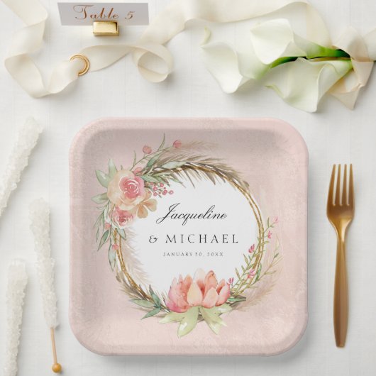 Pampas Grass Boho Pink Rose Floral Wreate Bridal Papieren Bordje (Huwelijk)