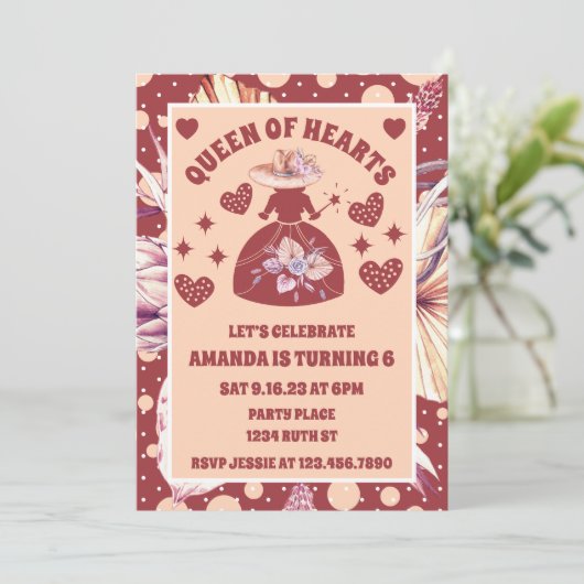 Pampas Grass Boho Queen of Hearts Verjaardag Kaart (Staand voorkant)