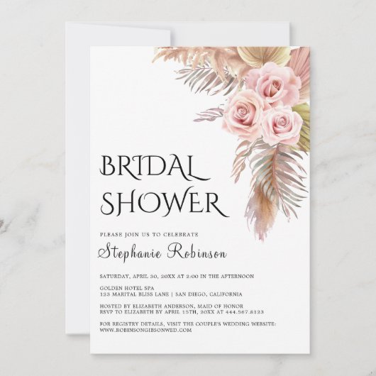 Pampas Grass Boho Roos Floral Vrijgezellenfeest Kaart (Voorkant)