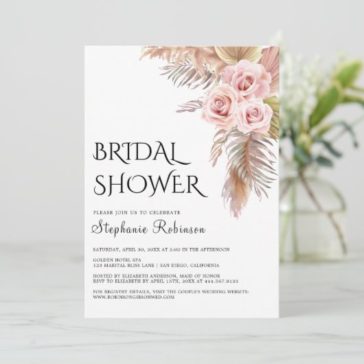 Pampas Grass Boho Roos Floral Vrijgezellenfeest Kaart (Staand voorkant)