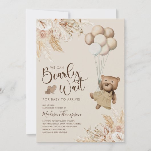 Pampas Grass Boho Teddy Bear Baby shower Kaart (Voorkant)
