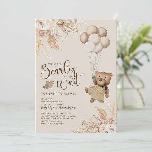 Pampas Grass Boho Teddy Bear Baby shower Kaart (Staand voorkant)