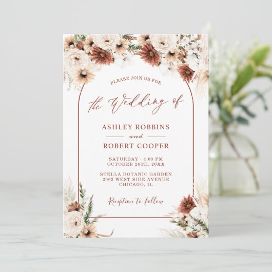 Pampas Grass Boho Terracotta Arch Foto Weddenschap Kaart (Staand voorkant)