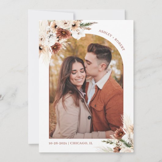 Pampas Grass Boho Terracotta Arch Foto Weddenschap Kaart (Achterkant)