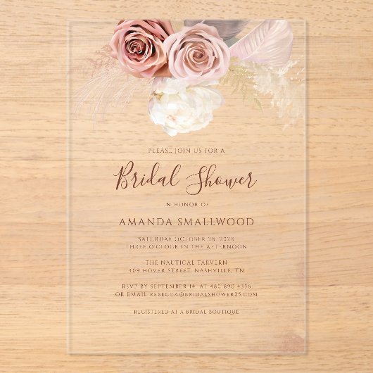 Pampas Grass Boho Terracotta Vrijgezellenfeest Acryl Uitnodigingen (Voorkant)