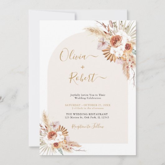 Pampas Grass Boho Terracotta Wedding Invitation Kaart (Voorkant)