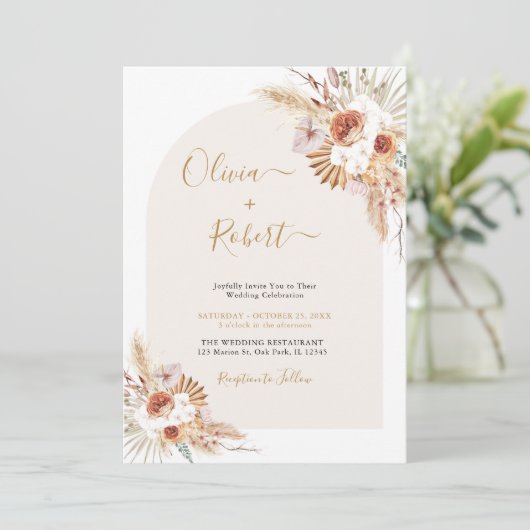 Pampas Grass Boho Terracotta Wedding Invitation Kaart (Staand voorkant)