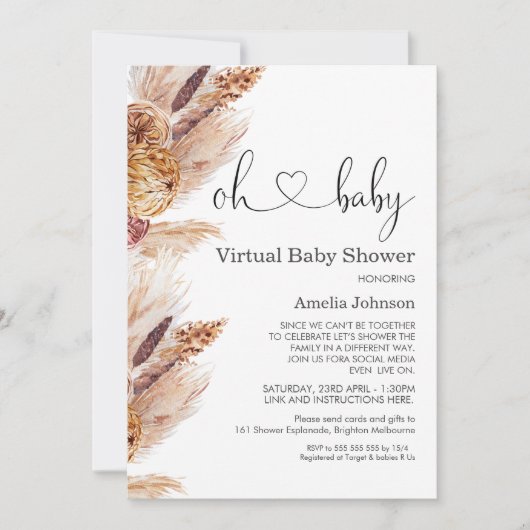 Pampas Grass Boho Virtual Baby shower Invitation Kaart (Voorkant)