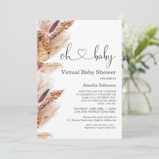 Pampas Grass Boho Virtual Baby shower Invitation Kaart (Staand voorkant)