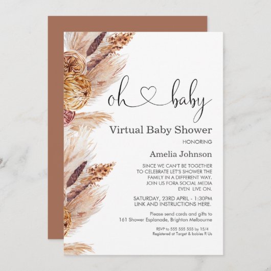 Pampas Grass Boho Virtual Baby shower Invitation Kaart (Voorkant / Achterkant)
