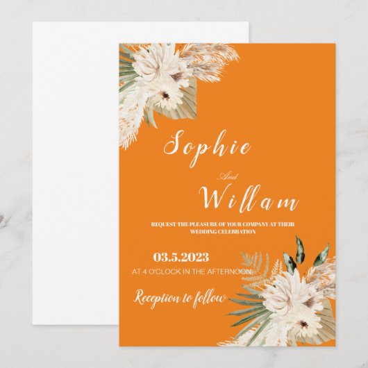 Pampas Grass Boho Wedding Invitation, Editable Kaart (Voorkant / Achterkant)