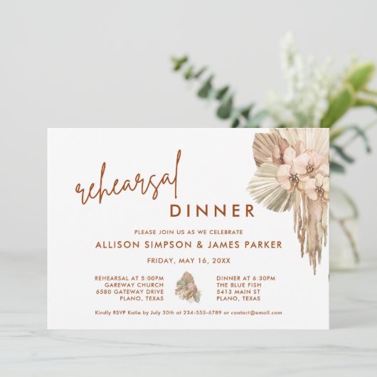 Pampas Grass Boho Wedding Rehearsal Dinner Kaart (Staand voorkant)