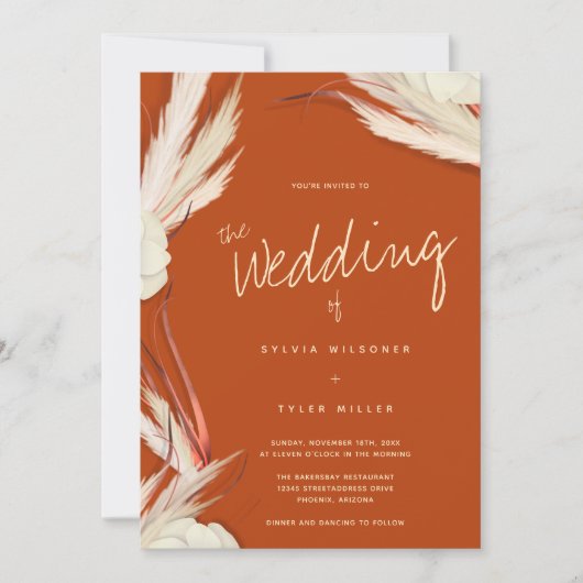 Pampas Grass Botanical Burnt Oranje Wedding Kaart (Voorkant)