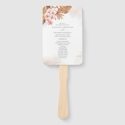 Pampas Grass Botanical Pink Floral Wedding Program Handwaaier (Voorkant)