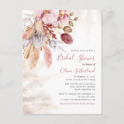 Pampas Grass Botanical Script Vrijgezellenfeest Uitnodiging Briefkaart (Voorkant)