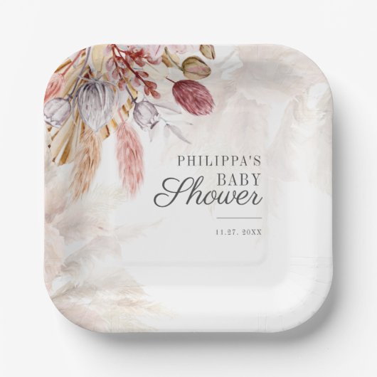 Pampas Grass Botanical Terracotta Baby shower Papieren Bordje (Voorkant)