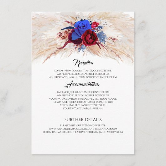 Pampas Grass Bourgogne en Navy Bruiloft Informatie Informatiekaartje (Voorkant)