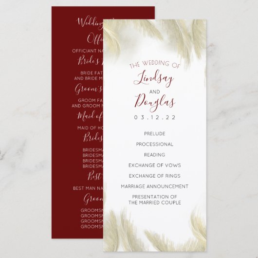 Pampas Grass Bourgogne Red Wedding Programma's (Voorkant / Achterkant)