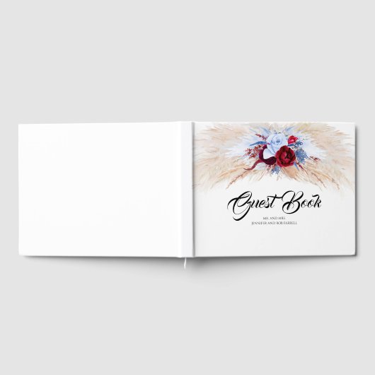 Pampas Grass Bourgogne Rood en Dusty Blue Wedding Gastenboek (Volledig)