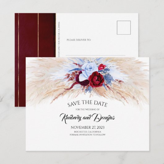 Pampas Grass Bourgogne Stoffig Blauw Save the Date Aankondigingskaart (Voorkant / Achterkant)