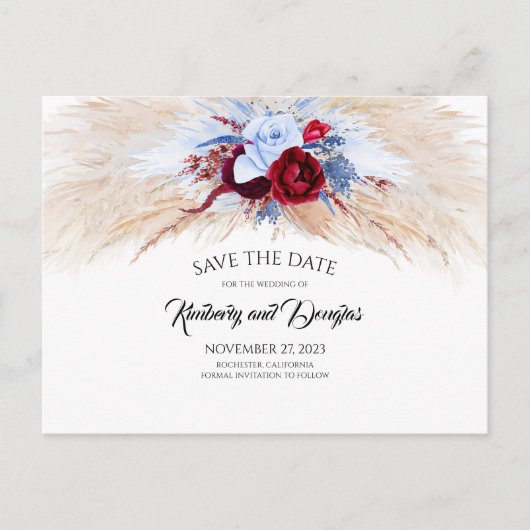Pampas Grass Bourgogne Stoffig Blauw Save the Date Aankondigingskaart (Voorkant)