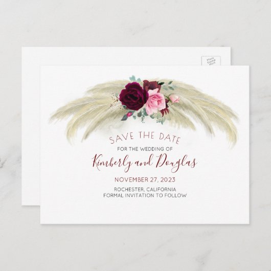 Pampas Grass Bourgondië Rode Bloemen Save the Date Aankondigingskaart (Voorkant / Achterkant)