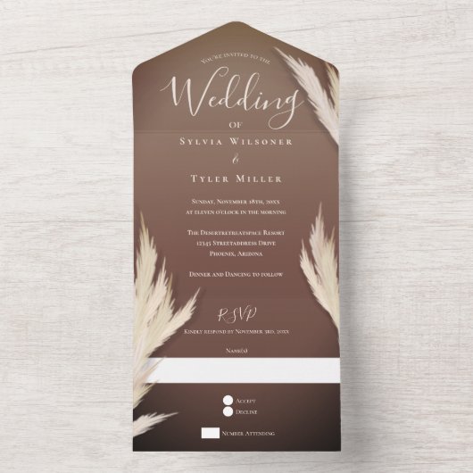 Pampas Grass Brown Wedding All In One Uitnodiging (Binnen)
