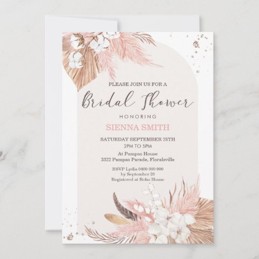 Pampas Grass Bruids Douche Uitnodiging Boho Arch (Voorkant)