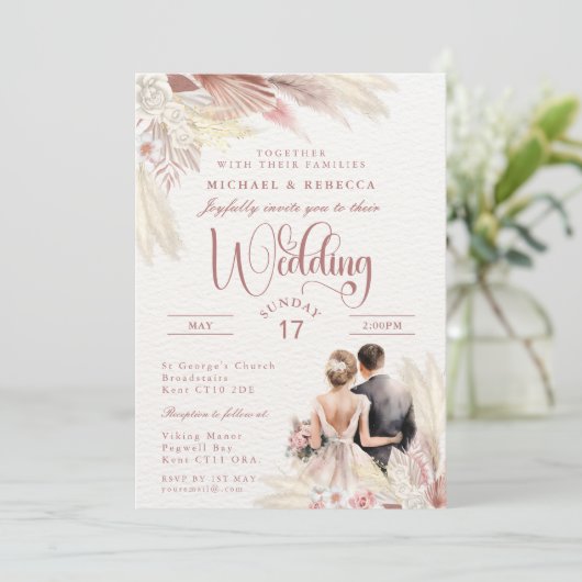 Pampas Grass Bruiloft Modern Blush Roze, Terracott Kaart (Staand voorkant)