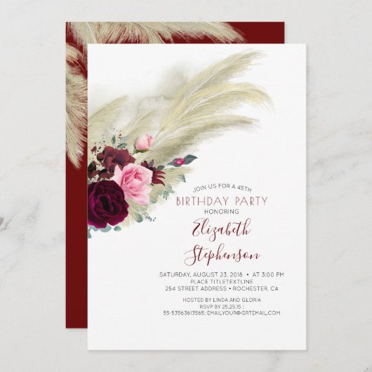Pampas Grass Burgundy Red Floral Birthday Kaart (Voorkant / Achterkant)
