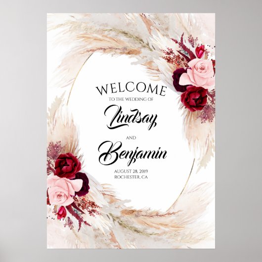 Pampas Grass Burgundy Red Weddenschap Welkomstteke Poster (Voorkant)