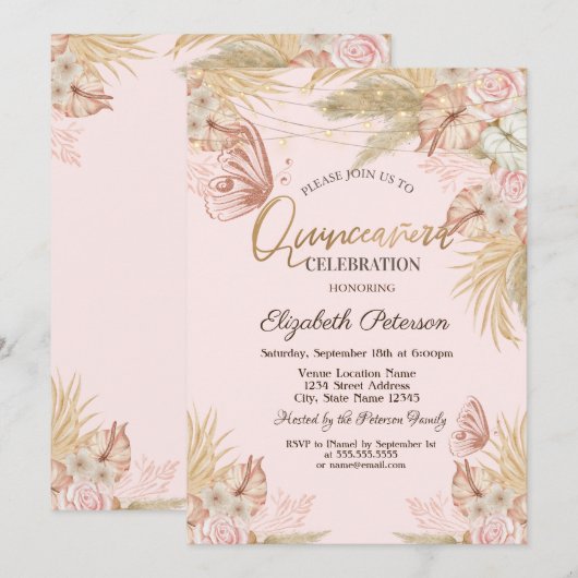 Pampas Grass Butterflies Quinceañera Kaart (Voorkant / Achterkant)